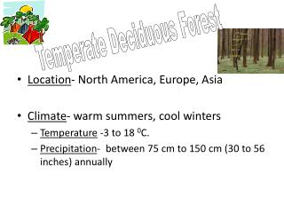 Location - North America, Europe, Asia Climate - warm summers, cool winters