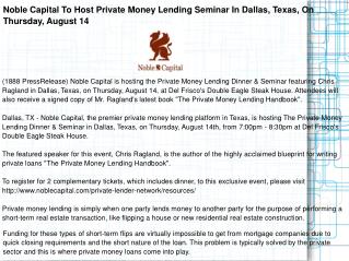 Noble Capital To Host Private Money Lending Seminar