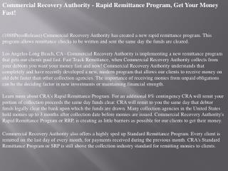 Commercial Recovery Authority - Rapid Remittance Program