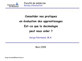 Faculté de médecine Bureau d’évaluation