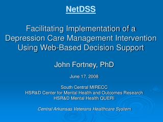 NetDSS Facilitating Implementation of a Depression Care Management Intervention Using Web-Based Decision Support