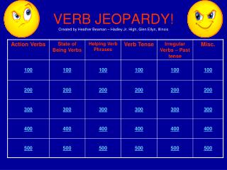 VERB JEOPARDY! Created by Heather Beaman – Hadley Jr. High, Glen Ellyn, Illinois