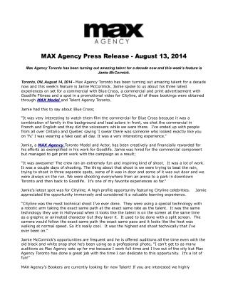 MAX Agency Press Release - August 13, 2014