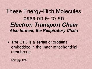 These Energy-Rich Molecules pass on e- to an Electron Transport Chain Also termed, the Respiratory Chain