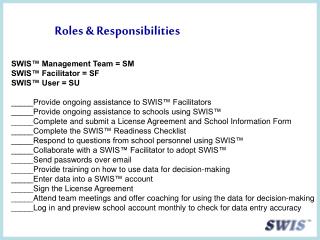 Roles &amp; Responsibilities SWIS™ Management Team = SM SWIS™ Facilitator = SF SWIS™ User = SU _____Provide ongoing assi
