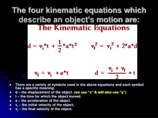 The four kinematic equations which describe an object's motion are: