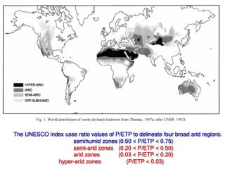 The UNESCO index uses ratio values of P/ETP to delineate four broad arid regions.