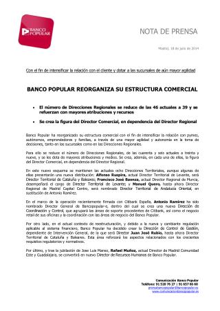 Ángel Ron reorganiza la estructura comercial del Popular