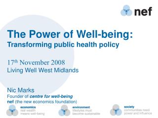 The Power of Well-being: Transforming public health policy 17 th November 2008 Living Well West Midlands Nic Marks