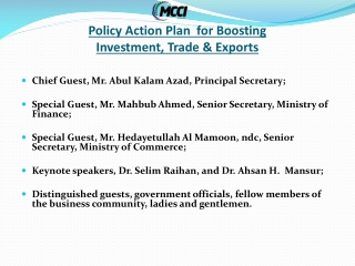 Policy Action Plan for Boosting Investment, Trade & Exports