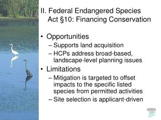 II. Federal Endangered Species Act §10 : Financing Conservation