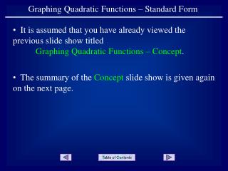 Graphing Quadratic Functions – Standard Form