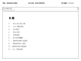 目錄 1 ： 單元首頁 ( 第三層 ) 2 ： Info 課程資訊 3 ： 單元簡介 4 ： 單元目標 5 ： 學習資源 6 ： 單元使用說明