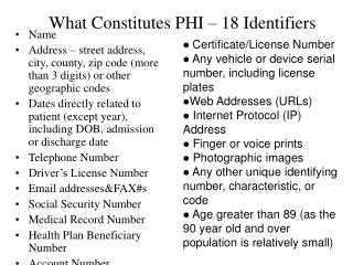 What Constitutes PHI – 18 Identifiers