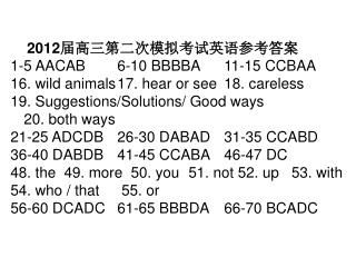 2012 届高三第二次模拟考试英语参考答案 1-5 AACAB	6-10 BBBBA	11-15 CCBAA
