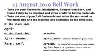 13 August 2019 Bell Work