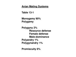 Avian Mating Systems Table 13-1 Monogamy 90% Polygamy Polygyny 2% 	Resource defense 	Female defense 	Male-dominance Poly