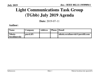 Light Communications Task Group (TGbb) July 2019 Agenda