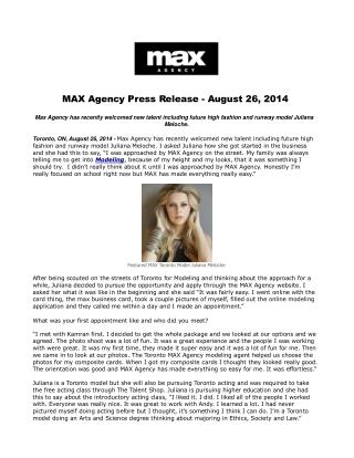 MAX Agency Press Release - August 26, 2014