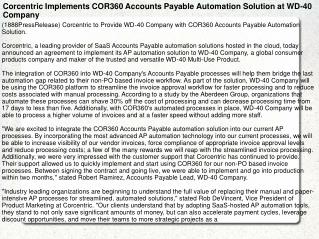 Corcentric Implements COR360 Accounts Payable Automation Sol