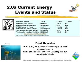 Frank R. Leslie, B. S. E. E., M. S. Space Technology, LS IEEE 1/20/2009, Rev. 1.9 fleslie @fit.edu; (321) 674-7377; Lin