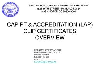 CAP PT &amp; ACCREDITATION (LAP) CLIP CERTIFICATES OVERVIEW