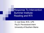 Response To Intervention Summer Institute: Reading and RTI