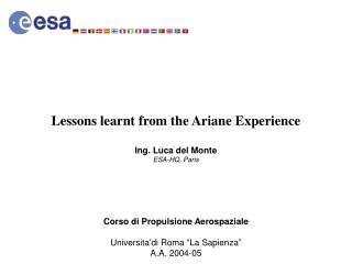 Lessons learnt from the Ariane Experience Ing. Luca del Monte ESA-HQ, Paris