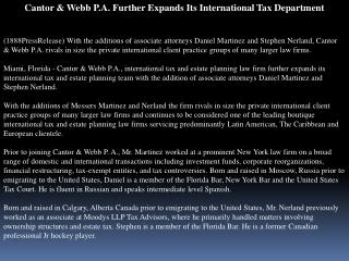 Cantor & Webb P.A. Further Expands Its International Tax Dep