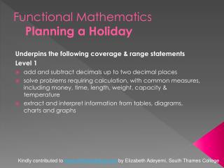 Functional Mathematics Planning a Holiday