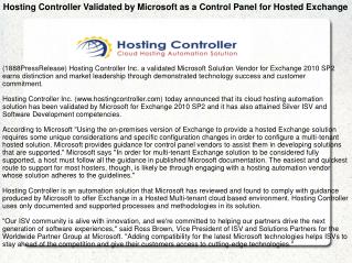 Hosting Controller Validated by Microsoft as a Control Panel