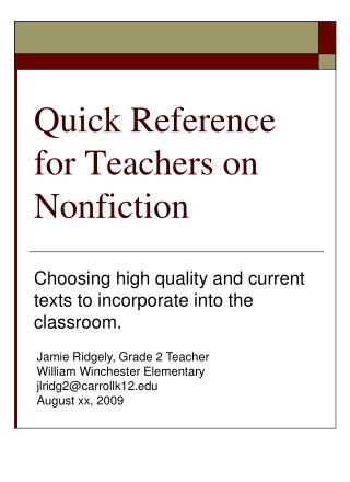Quick Reference for Teachers on Nonfiction