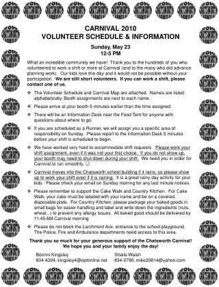 CARNIVAL 2010 VOLUNTEER SCHEDULE & INFORMATION