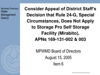 MPWMD Board of Directors August 15, 2005 Item 6