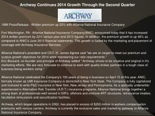 Archway Continues 2014 Growth Through the Second Quarter