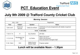 PCT Education Event July 9th 2009 @ Trafford County Cricket Club