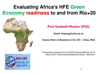 Evaluating Africa's HFE Green Economy readiness to and from Rio+20