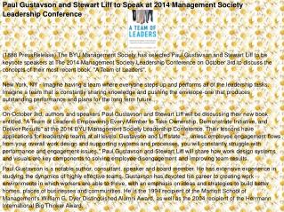 Paul Gustavson and Stewart Liff to Speak at 2014 Management Society Leadership Conference