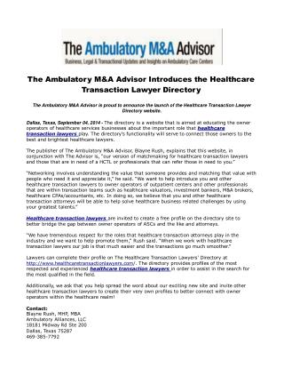 The Ambulatory M&A Advisor Introduces the Healthcare Transac