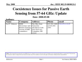 Coexistence Issues for Passive Earth Sensing from 57-64 GHz: Update