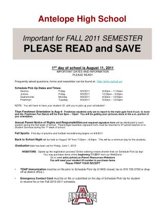 Important for FALL 2011 SEMESTER PLEASE READ and SAVE