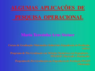 ALGUMAS APLICAÇÕES DE PESQUISA OPERACIONAL Maria Teresinha Arns Steiner