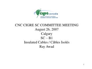 CNC CIGRE SC COMMITTEE MEETING August 26, 2007 Calgary SC – B1 Insulated Cables / Câbles Isolés Ray Awad