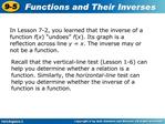 In Lesson 7-2, you learned that the inverse of a function fx undoes fx. Its graph is a reflection across line y x. Th