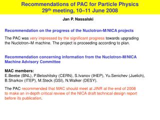 Recommendation on the progress of the Nuclotron-M/NICA projects