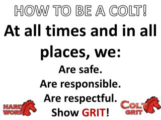 At all times and in all places, we: Are safe. Are responsible. Are respectful. Show GRIT !