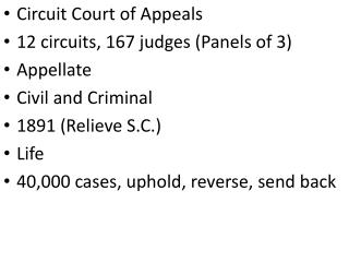 Circuit Court of Appeals 12 circuits, 167 judges (Panels of 3) Appellate Civil and Criminal