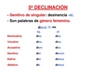5ª DECLINACIÓN - Genitivo de singular : desinencia - ei . - Son palabras de género femenino .