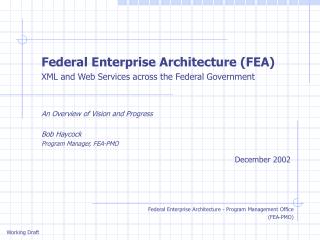 Federal Enterprise Architecture (FEA) XML and Web Services across the Federal Government An Overview of Vision and Progr