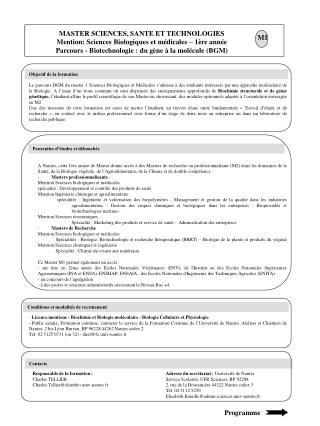 MASTER SCIENCES, SANTE ET TECHNOLOGIES Mention: Sciences Biologiques et médicales – 1ère année